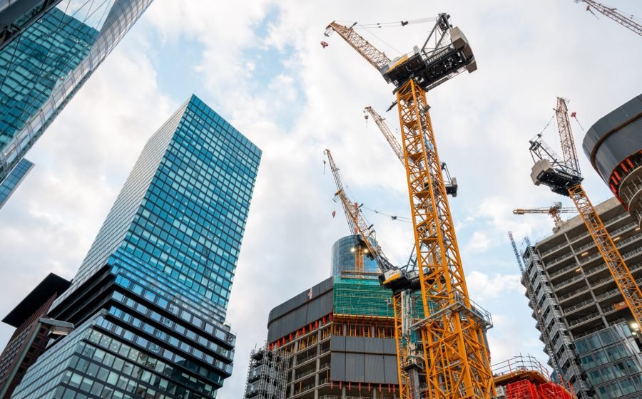 Construction works of multiple modern buildings and skyscrapers in Frankfurt downtown, Germany